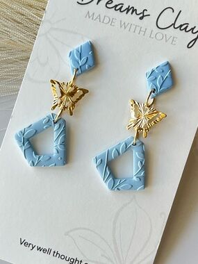 Dreams Clay Pale Blue Floral Dangle Earrings with Gold Butterfly